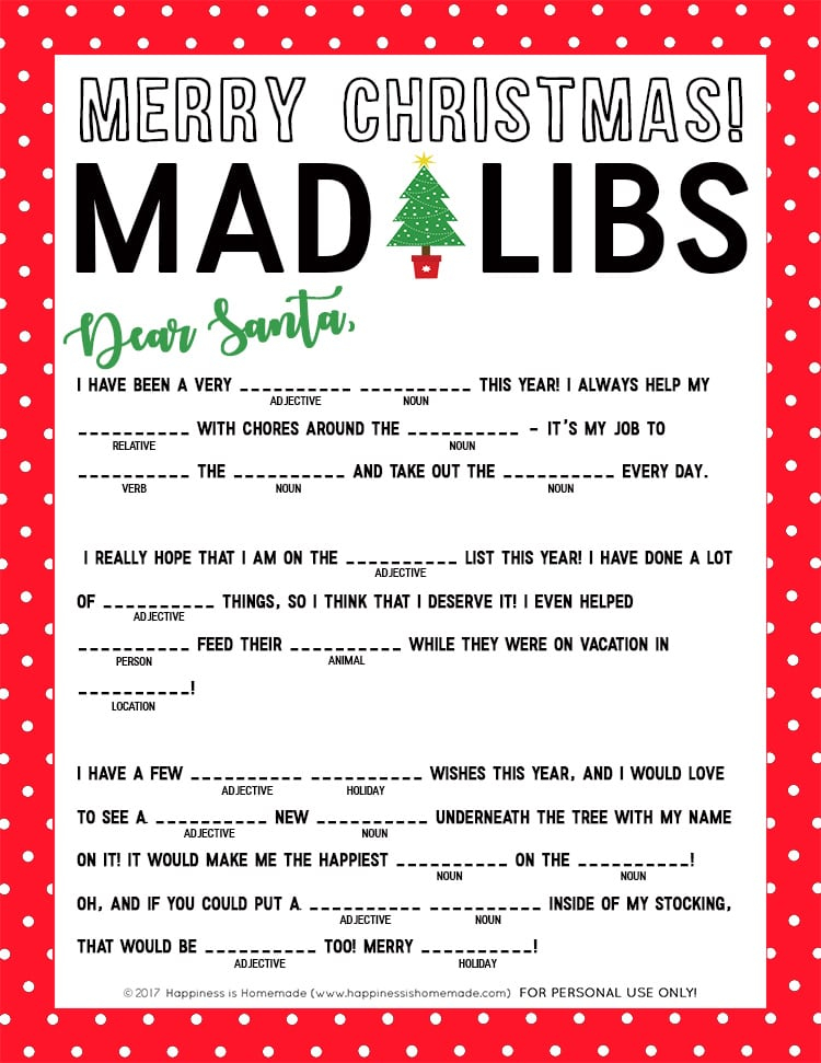 12 Days Of Christmas Mad Libs Printable