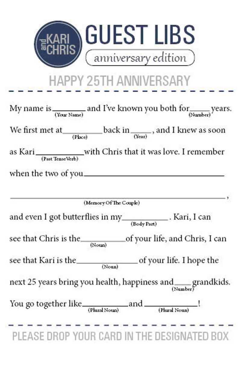 Anniversary Mad Libs Etsy Anniversary Party Games 25th Wedding