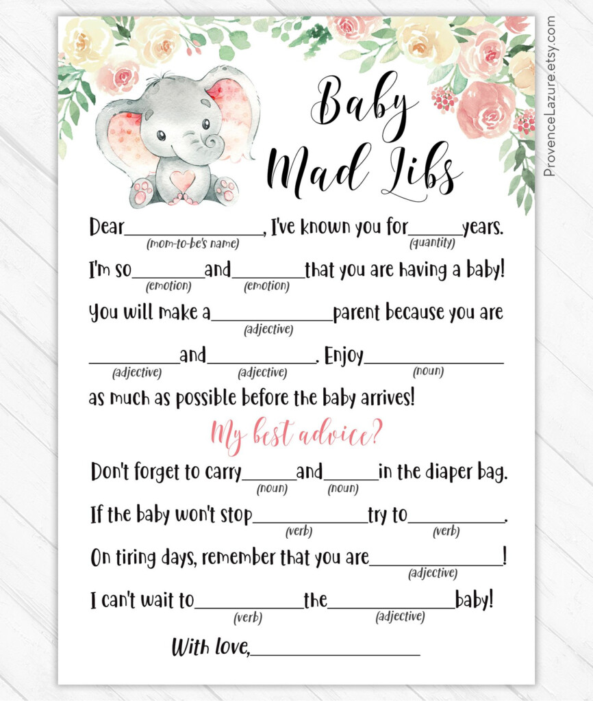 Baby Mad Libs Mommy Advice Card Pink Elephant Baby Shower Etsy 