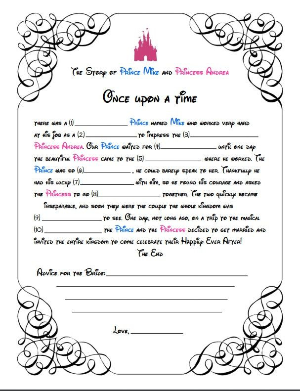 Disney Mad Libs Game For Bridal Shower Instant Download Etsy Bridal 