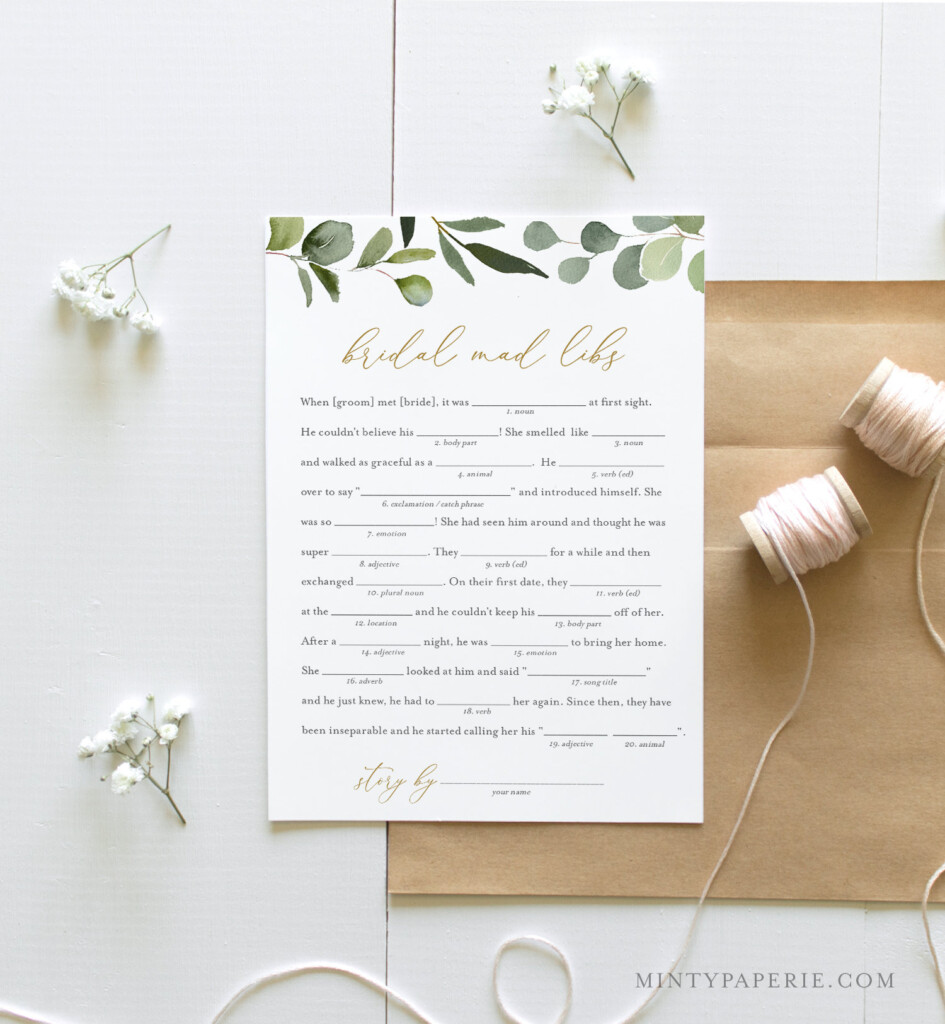 Mad Libs Bridal Shower Game Template Printable Greenery Bridal Shower 