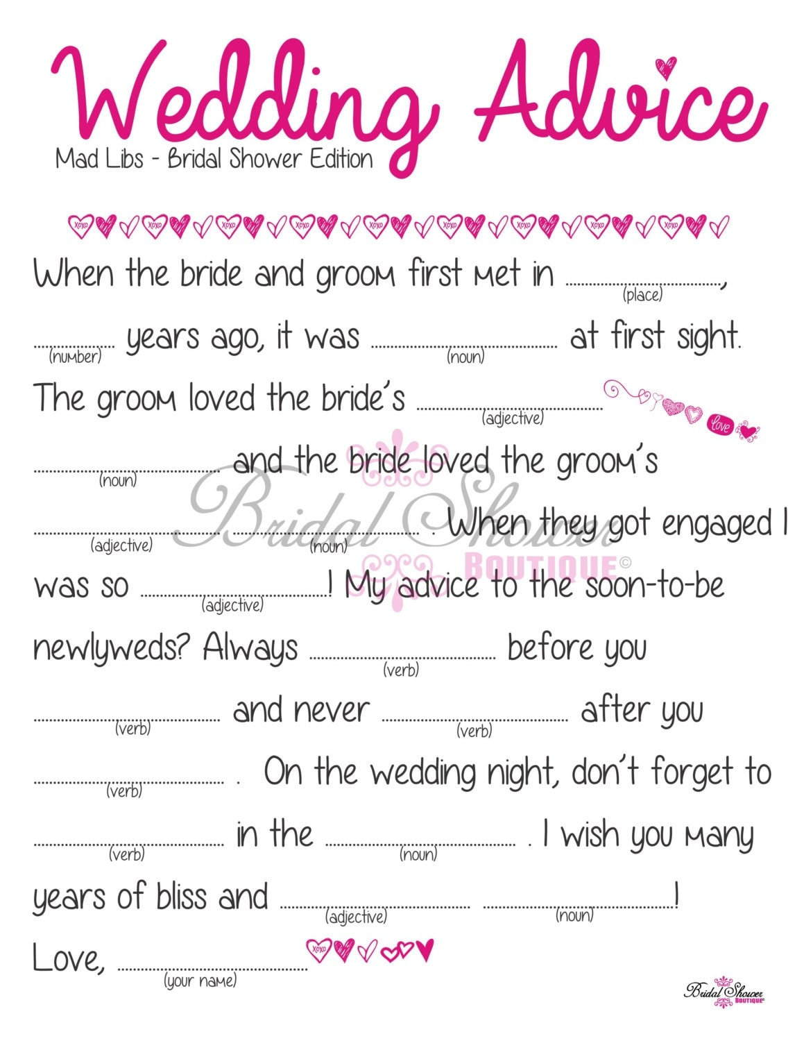 Free Printable Bridal Shower Mad Libs Game