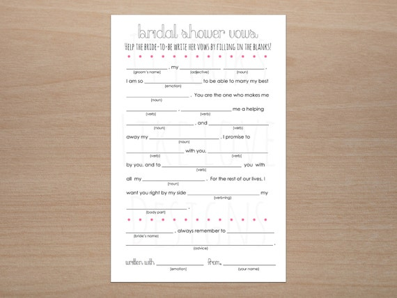 Printable Funny Wedding Vows Mad Libs Bridal Shower