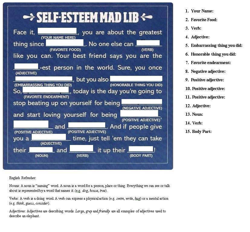 Self Esteem Mad Lib Printable 2022 Printablemadlibs