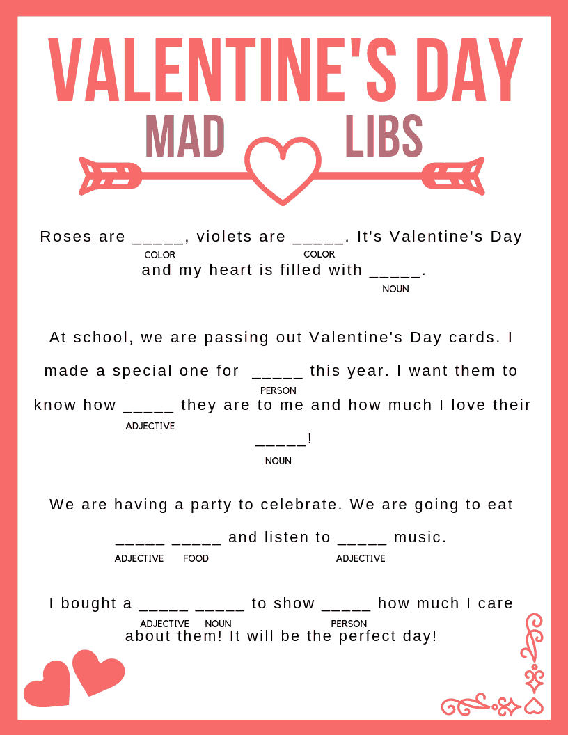 Valentines Mad Libs Printable For Second Graders Printable Madlibs