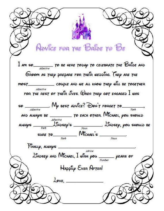 Bridal Shower Custom Disney Mad Libs Printable Mad Libs