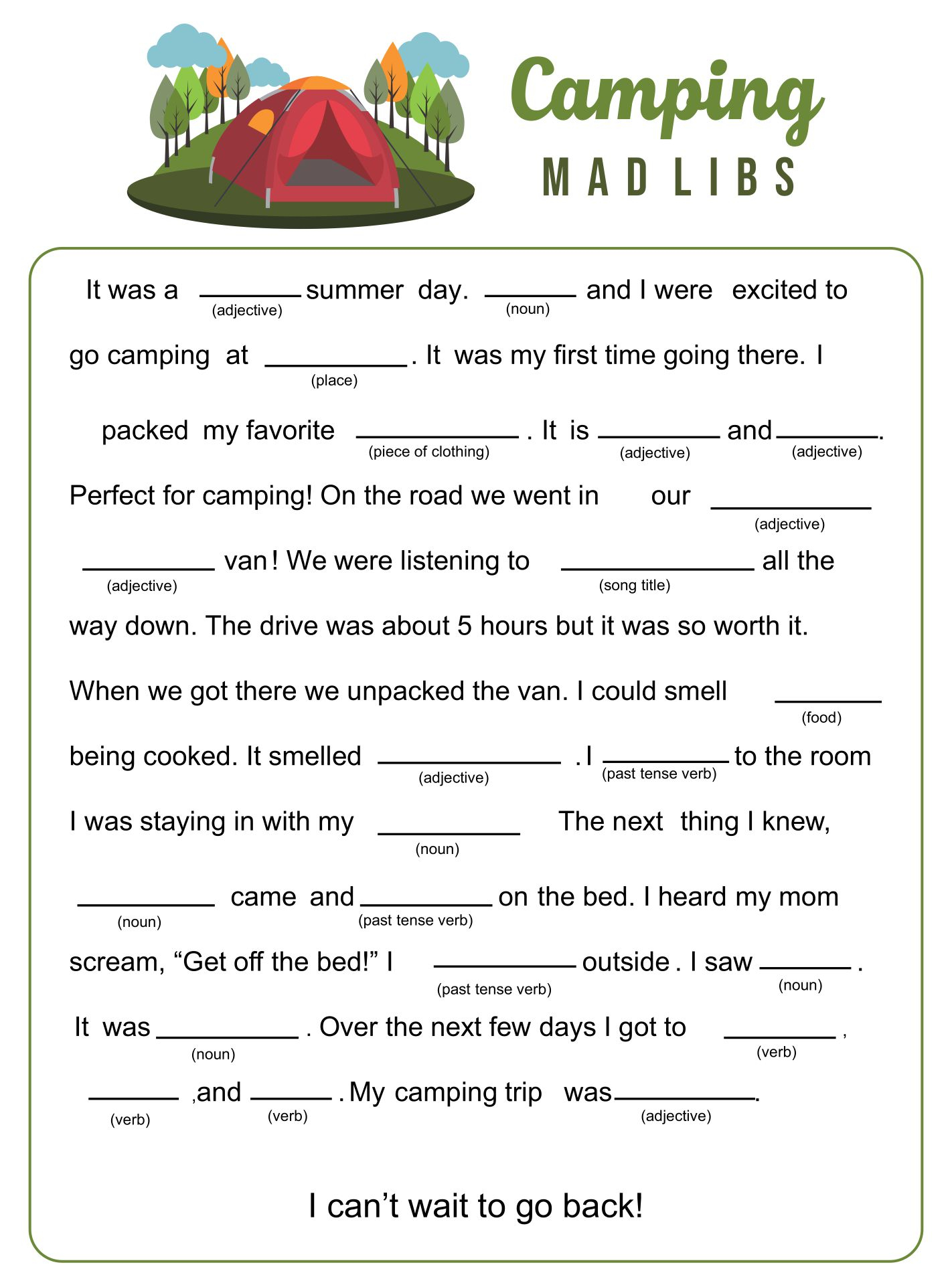 Camping Mad Libs Free Printable