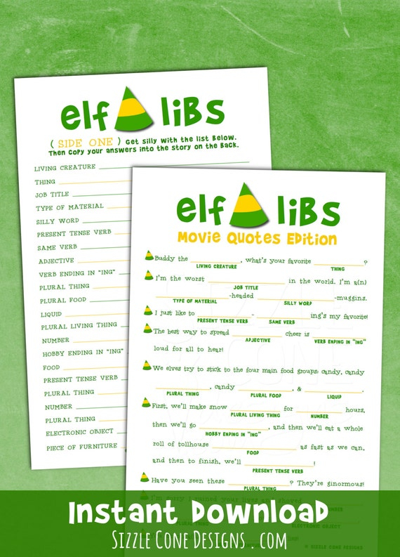 Elf Libs Movie Quotes Printable Christmas Party Game Madlib