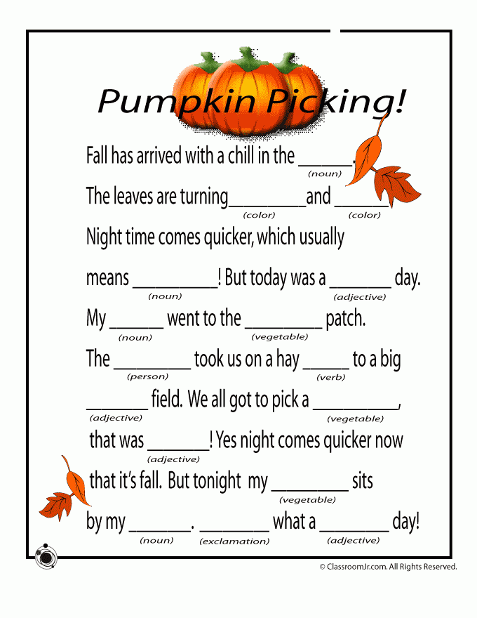 Fall Mad Libs Thanksgiving Mad Lib Pumpkin Classroom Halloween School