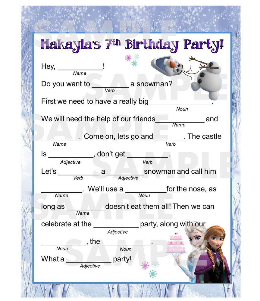 Frozen Mad Lib Personalized Too A Must have For The FROZEN Party 