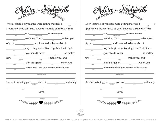 Funny Bridal Shower Mad Libs Love Story Printables 