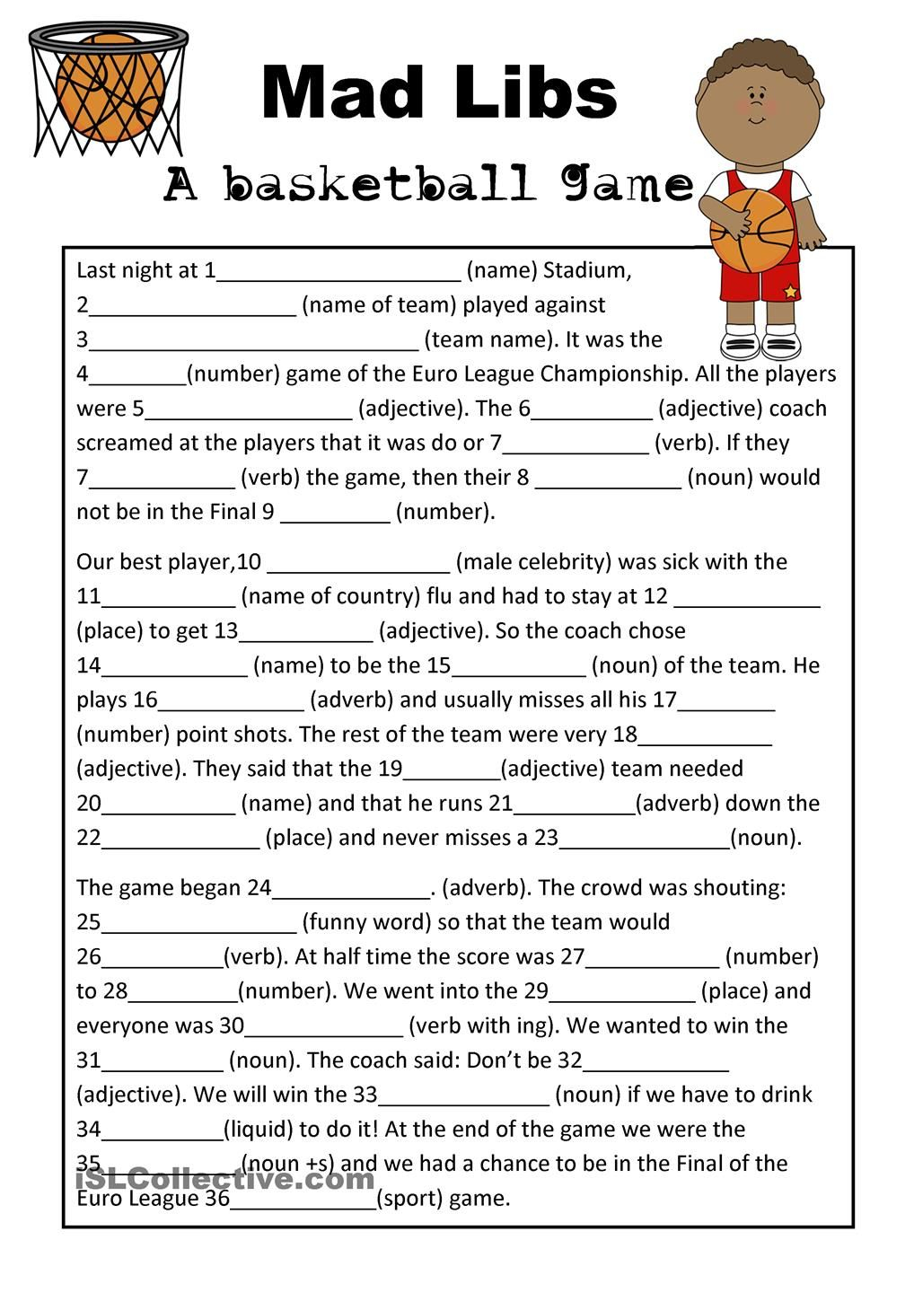 Mad Libs Basketball Game Parts Of Speech Worksheets Mad Libs Parts 