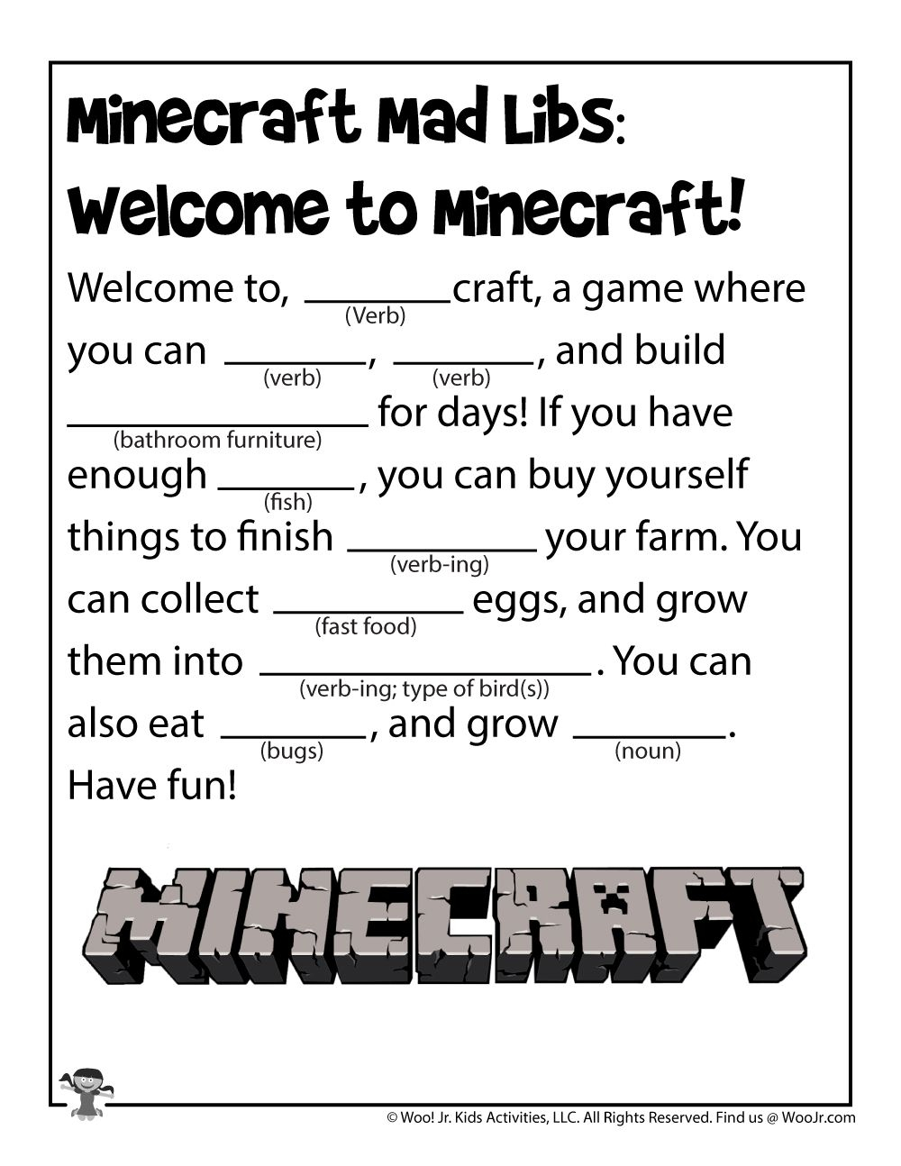 Minecraft Mad Lib Printable Games For Kids Woo Jr Kids Activities