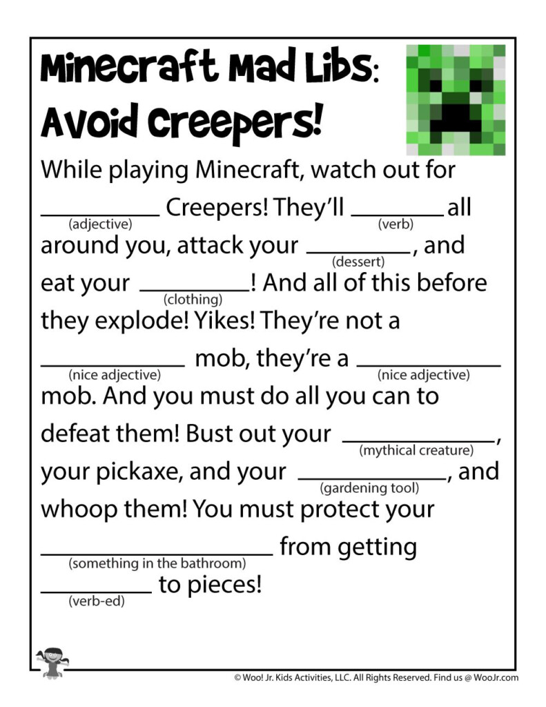 Minecraft Mad Libs Game For Kids Woo Jr Kids Activities Fine Motor 