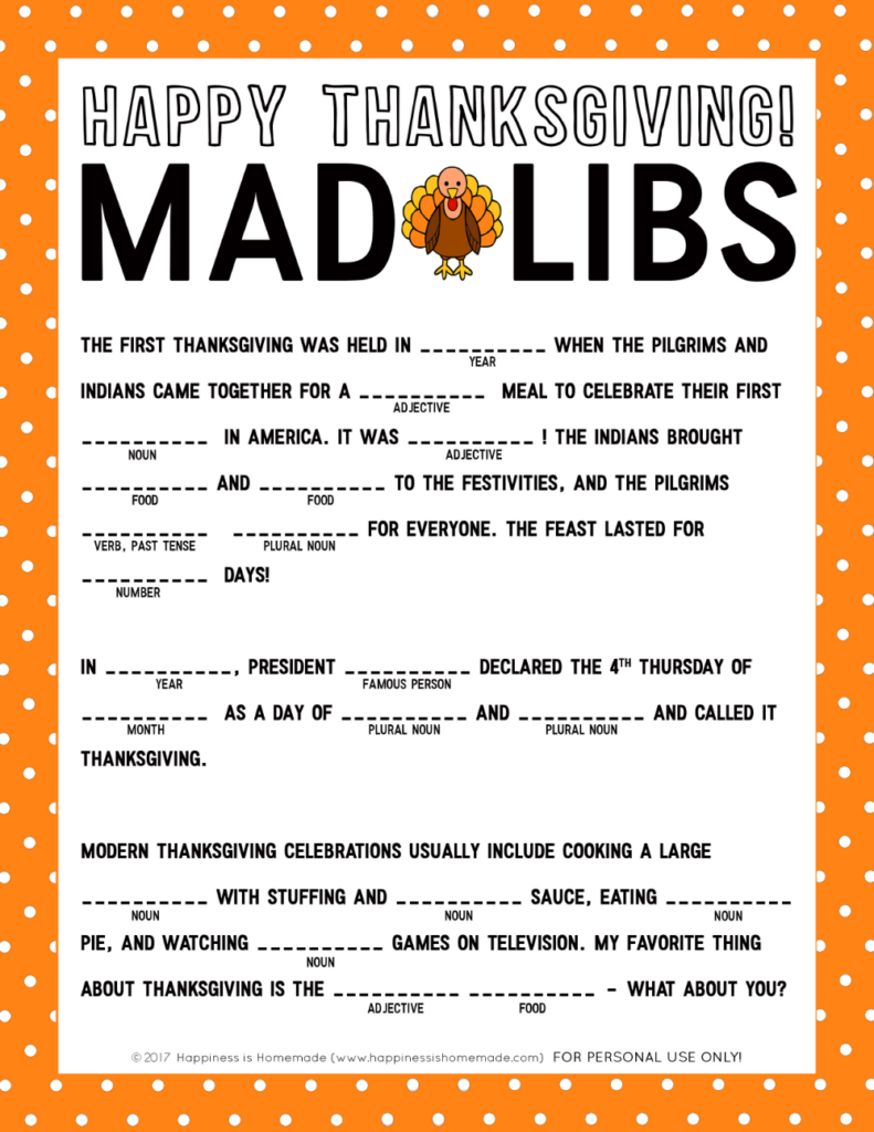 Thanksgiving Mad Libs Printable Game Thanksgiving Mad Lib 